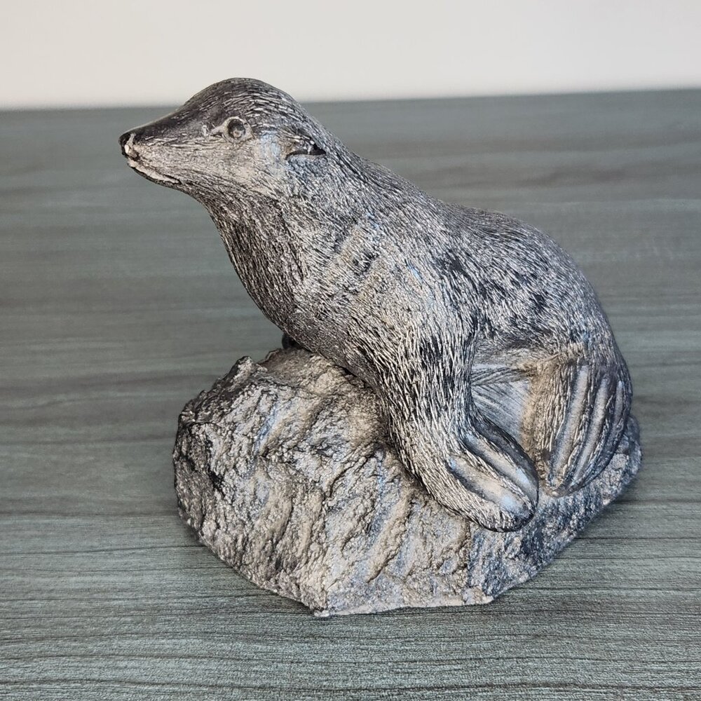 Vintage Seal Figurine on Rock Silver Gray Marine Animal Coastal Home Décor
